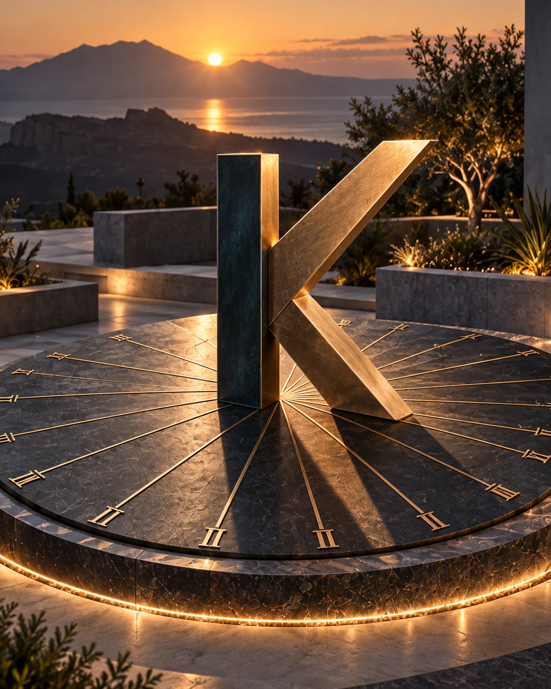 Propuesta conceptual de reloj solar escultórico de líneas geométricas en una plaza contemporánea