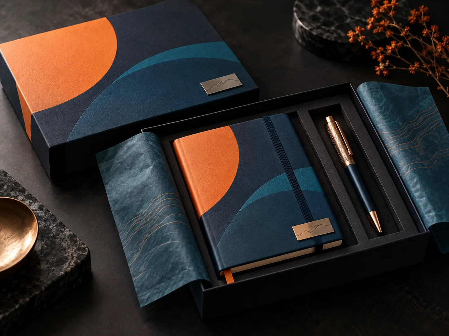 Estuche de regalo corporativo con libreta y bolígrafo personalizados